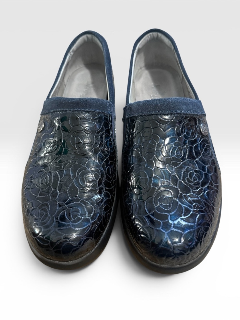 Alegria Floral Patent Leather Slip-On Comfort Shoes Navy Rose Embossed Size 38
